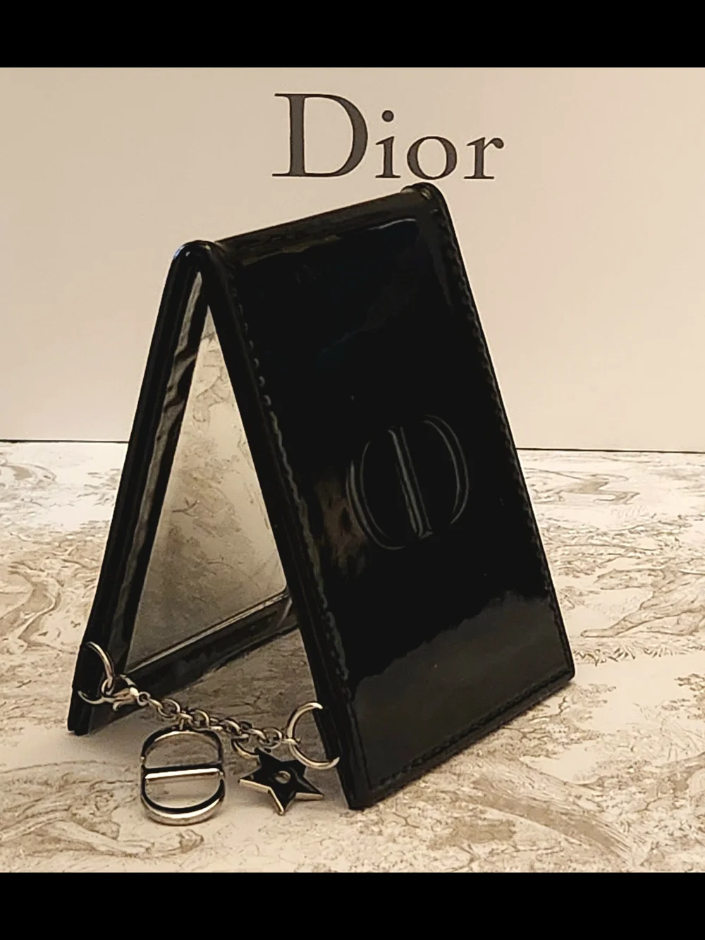 NEW Dior GWP Black Patent Foldout Mirror |Silver CD & Star Charm | Dior Gift Bag